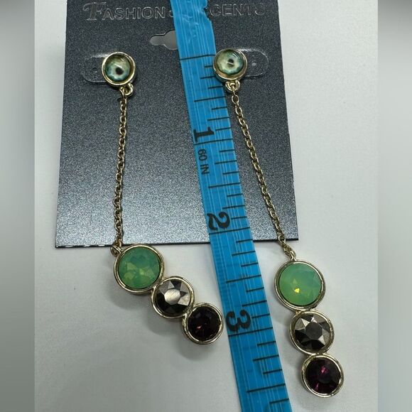 Gold Tone Green Hematite And Purple Stone with Chain Post Earrings 3.75 inch - Picture 7 of 7